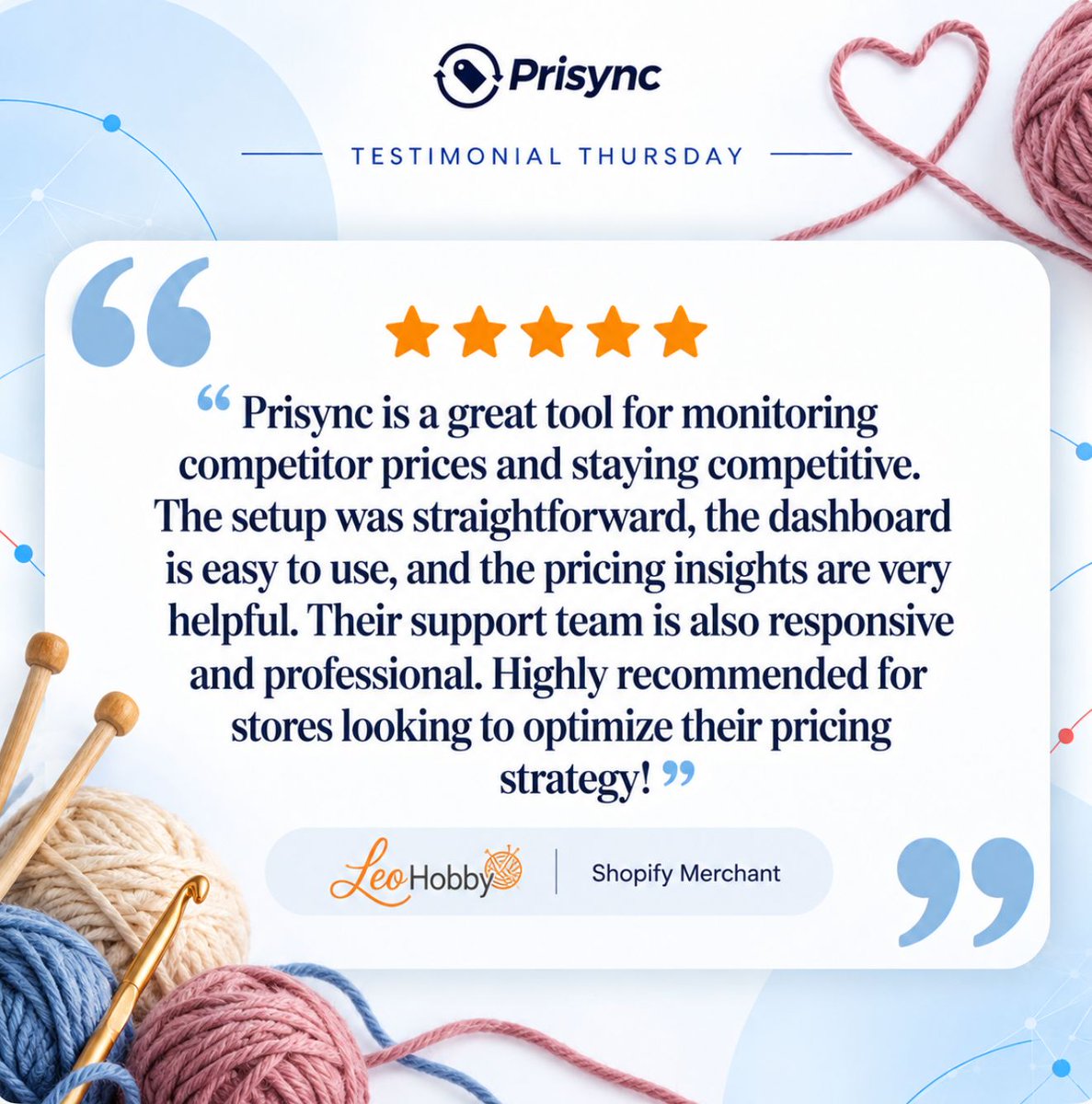 PrisyncCom's tweet photo. A smooth setup and a happy merchant? That’s what we do at Prisync. 🙂‍↔️ ⭐️  

#testimonialthursday https://t.co/xm5AevD22A