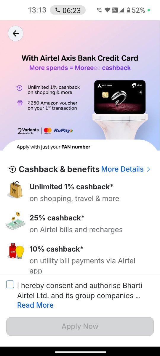 robbinbajaj's tweet photo. The #Airtel Thanks app boldly advertises **25% cashback on Airtel bills via #Axis credit card, but hides the key condition: cashback is capped at 2× the 1% cashback earned from other spends.That's not a true 25% cashback for many users. 
 #jagograhakjago https://t.co/yf2bnRLpkn