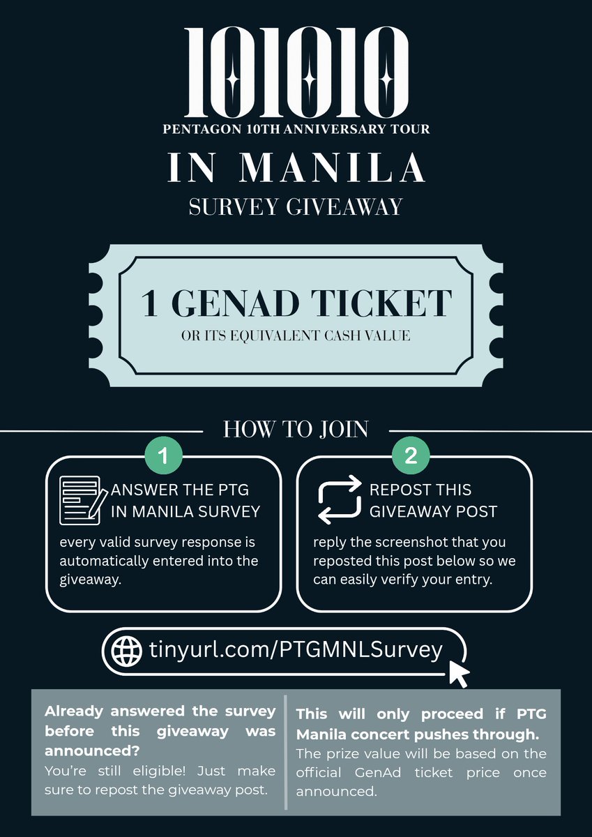 ptgmnl's tweet photo. 🎁 PENTAGON IN MANILA SURVEY GIVEAWAY!

To celebrate reaching 1,000 responses, we’re adding a little extra motivation as we continue pushing toward our 2,000 goal! 🥹💙

Please read the pubmat before joining.✨️ 

🔗 https://t.co/ozcqfAwuDZ

#PENTAGON #펜타곤 #PENTAGON_101010 https://t.co/ZGCw2POwU5