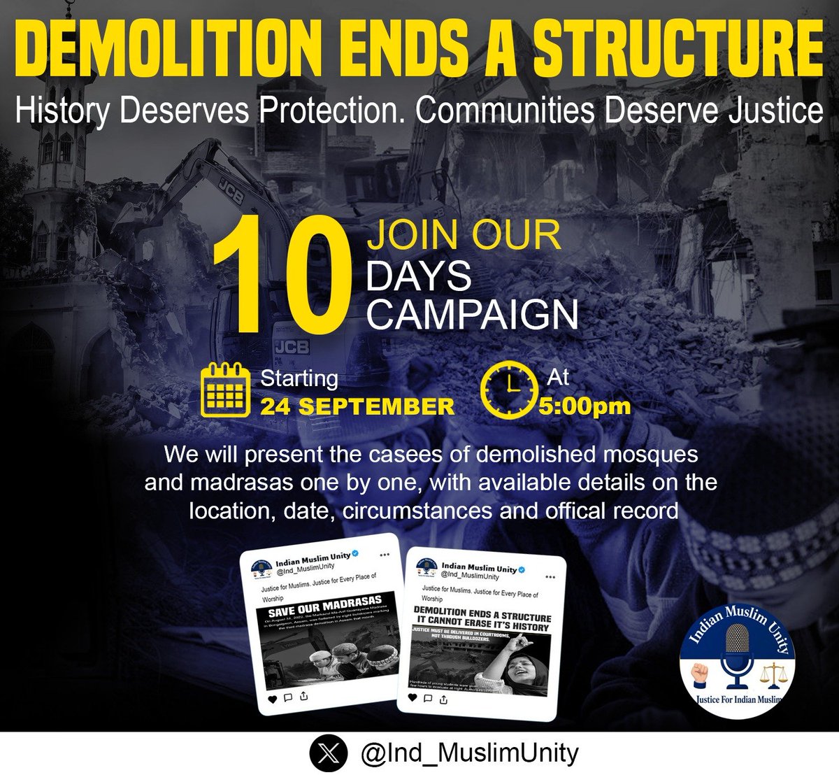 Ind_MuslimUnity's tweet photo. ATTENTION INDIAN MUSLIMS !! 🇮🇳

We are starting a 10-day campaign about the demolitions of mosques and madrasas in India since the BJP Rule has started.

From today, 24 September, at 5 PM onwards, we will present the cases of demolished mosques and madrasas one by one and discuss each case.

Together, we will raise our voice for justice to be guaranteed.

I urge all Muslim brothers to participate and tweet along with us. Please tweet and share as much as you can after 5 PM today so we can raise awareness and make our voices heard. 🤝