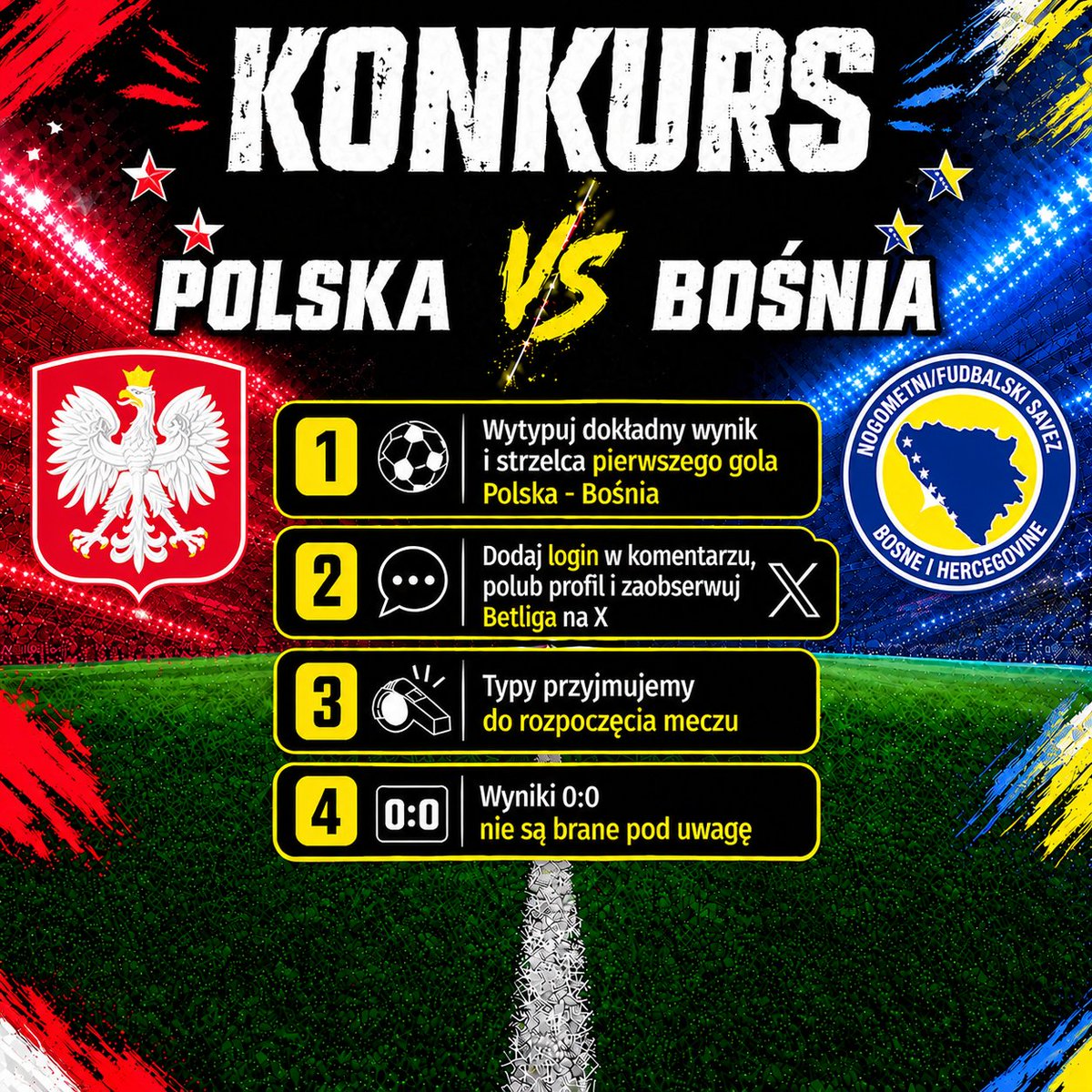 Betliga_PL's tweet photo. Konkurs

1. Wytypuj wynik meczu i strzelca pierwszego gola + dodaj swój login do Superbet w komentarzu.
2. Wygrywa 5 najszybszych osób z poprawną odpowiedzią 10 PLN
3. Typujemy do początku meczu.
4. Wyniki 0:0 nie biorą udziału w konkursie.
5. Podaj dalej post i polub, a nastepnie zaobserwuj nasz profil, gdzie będzie więcej takich konkursów!