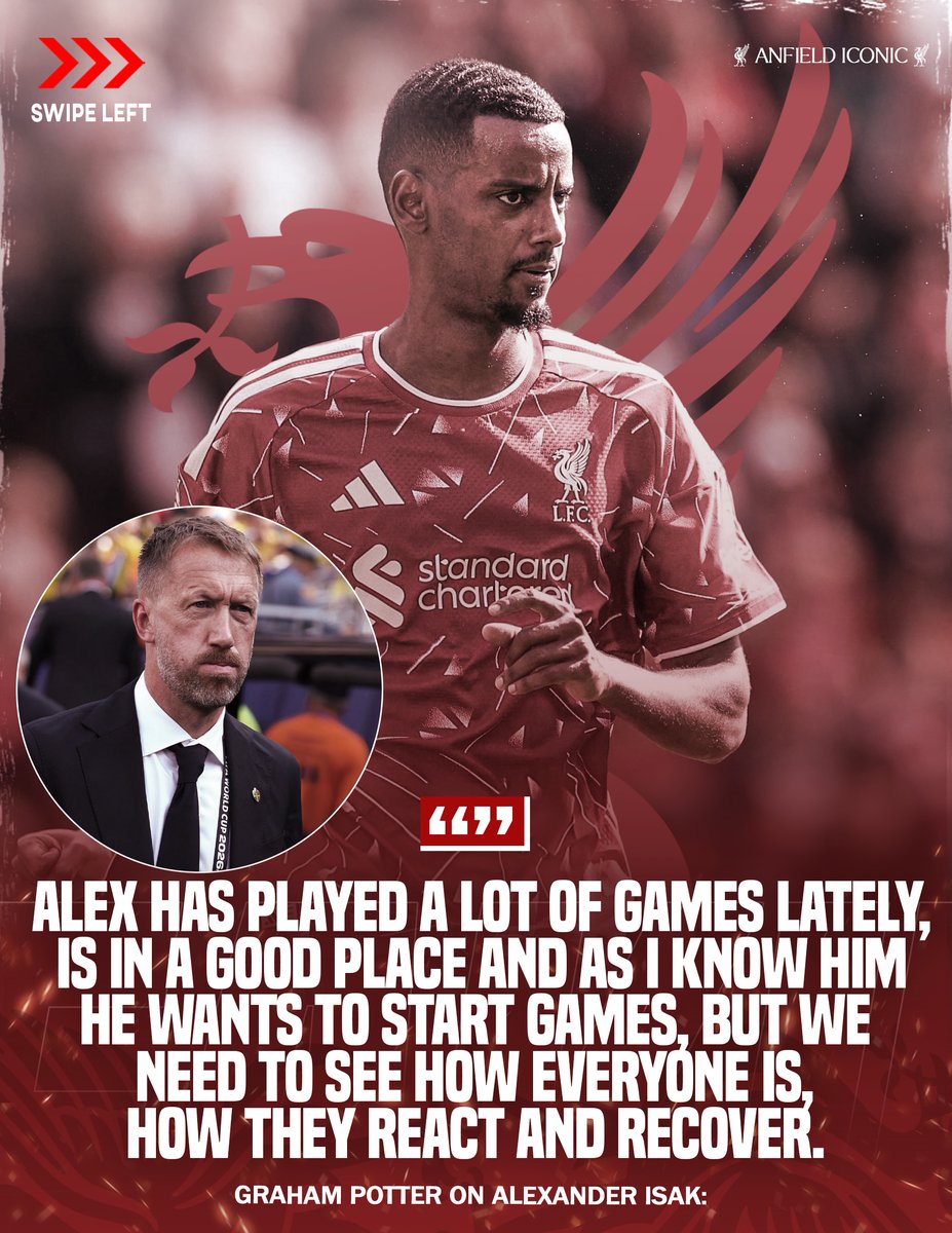 ATFooty_'s tweet photo. 🚨🚨🎙️ | Graham Potter On Alexander Isak:

"Alex has played a lot of games lately, is in a good place and as I know him he wants to start games, but we need to see how everyone is, how they react and recover.

"Can Isak start every game? Potentially yes. But there's no chance (he will) play all the minutes."
