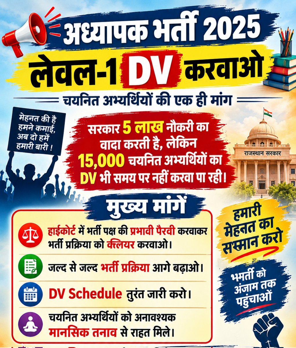 imchetan05's tweet photo. एक परीक्षा, एक परिणाम और चयन के बाद अब अगला चरण DV है। अध्यापक भर्ती 2025 Level-1 के चयनित अभ्यर्थियों को DV शेड्यूल का इंतजार है। कृपया जल्द आधिकारिक अपडेट
#Acs_Rajesh_Yadav_resign_do 
#REETLevel1 @svoruganti1466 https://t.co/PeZryj5Gwd