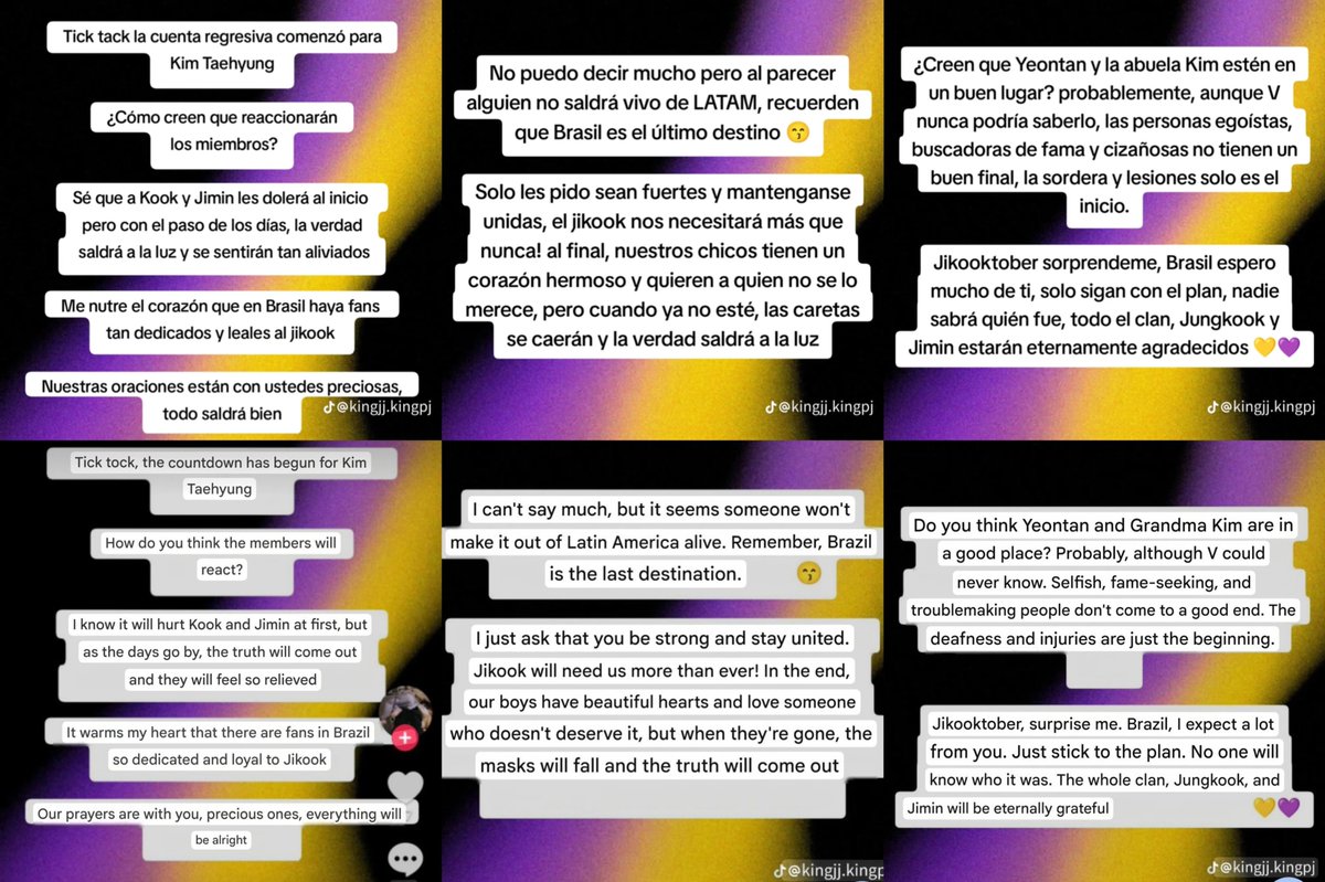 TAETAE_PH's tweet photo. 🚨 This is no longer fanwar, shipping, or online drama.

A TikTok account, @/kingji.kingpj, has posted messages directed at Kim Taehyung referring to a countdown, Latin America, Brazil as the “last destination,” and telling others that "someone won't make it out of Latin America alive" and to “stick to the plan” while saying no one will know who was responsible.

This needs immediate attention.

@BIGHIT_MUSIC @HYBEOFFICIALtwt @bts_bighit — please preserve the original posts, investigate the accounts involved, and take immediate measures to protect Taehyung, all BTS members, staff and concertgoers during the upcoming Latin America dates.

If you see the original posts, DO NOT repost, stitch, duet, or quote them. Save screenshots, screen recordings, usernames and links as evidence. Report the original content and submit the evidence through HYBE’s Artist Rights Violation portal under “Threats to Artist’s Safety.”

https://t.co/x101tzXRsu

Please do not turn this into another fanwar. Report it. Document it. Let the proper authorities handle it.

TAEHYUNG’S SAFETY COMES FIRST

PROTECT TAEHYUNG
BIGHIT AND HYBE TAKE ACTION
#ProtectTaehyung #ProtectYourArtist