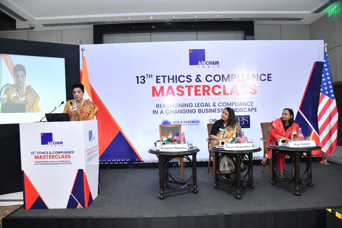 AmchamIndia's tweet photo. AMCHAM India’s 13th Ethics & Compliance Masterclass is bringing together senior leaders and legal, compliance, and business practitioners for a timely conversation on ‘Reimagining Legal & Compliance in a Changing Business Landscape.’

From geopolitical and regulatory uncertainty to AI, investigations, supply chain risks and corporate accountability, today’s discussions are examining how organizations can navigate complexity while building trust, resilience, and responsible growth.

A day of practical insights, candid conversations and forward-looking perspectives on the evolving role of legal and compliance.

Thanking our partners for supporting this important platform and enabling meaningful industry dialogue: AZB & Partners, @Clifford_Chance| Panag, Babu & Sarangi and @kenvue.

#AMCHAMIndia #EthicsAndCompliance #LegalAndCompliance #USIndiaPartnership