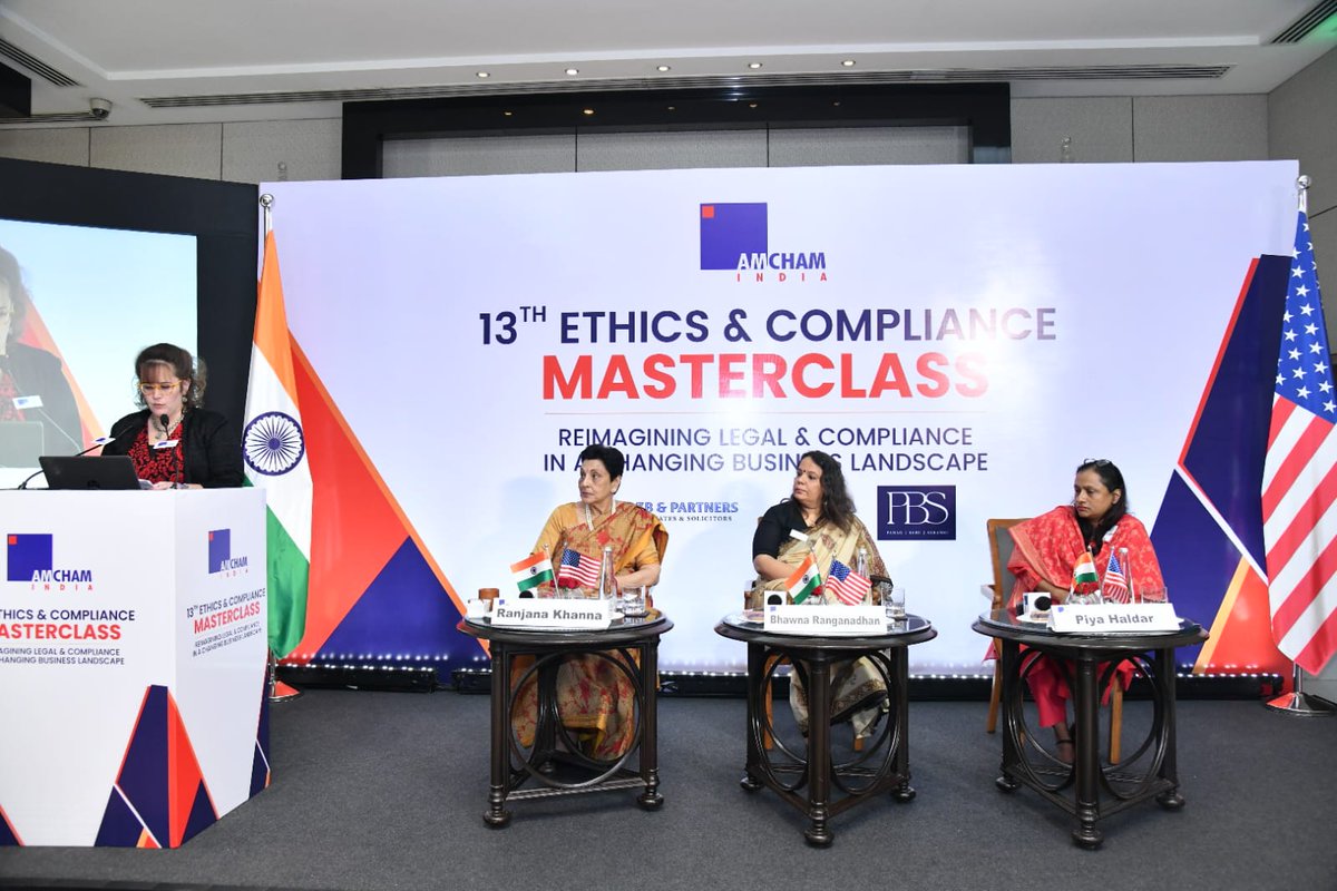 AmchamIndia's tweet photo. AMCHAM India’s 13th Ethics & Compliance Masterclass is bringing together senior leaders and legal, compliance, and business practitioners for a timely conversation on ‘Reimagining Legal & Compliance in a Changing Business Landscape.’

From geopolitical and regulatory uncertainty to AI, investigations, supply chain risks and corporate accountability, today’s discussions are examining how organizations can navigate complexity while building trust, resilience, and responsible growth.

A day of practical insights, candid conversations and forward-looking perspectives on the evolving role of legal and compliance.

Thanking our partners for supporting this important platform and enabling meaningful industry dialogue: AZB & Partners, @Clifford_Chance| Panag, Babu & Sarangi and @kenvue.

#AMCHAMIndia #EthicsAndCompliance #LegalAndCompliance #USIndiaPartnership