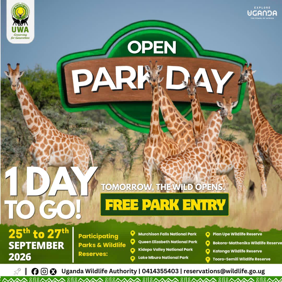 ugwildlife's tweet photo. 1 DAY TO GO! Tomorrow, #UWAOpenParkDays2026 begins.

From 25–27 Sept, the gates to participating UWA conservation areas open with FREE PARK ENTRY, giving you the opportunity to get closer to Uganda’s wildlife, explore its landscapes and experience conservation beyond the screen. https://t.co/JiJgxnZlsU