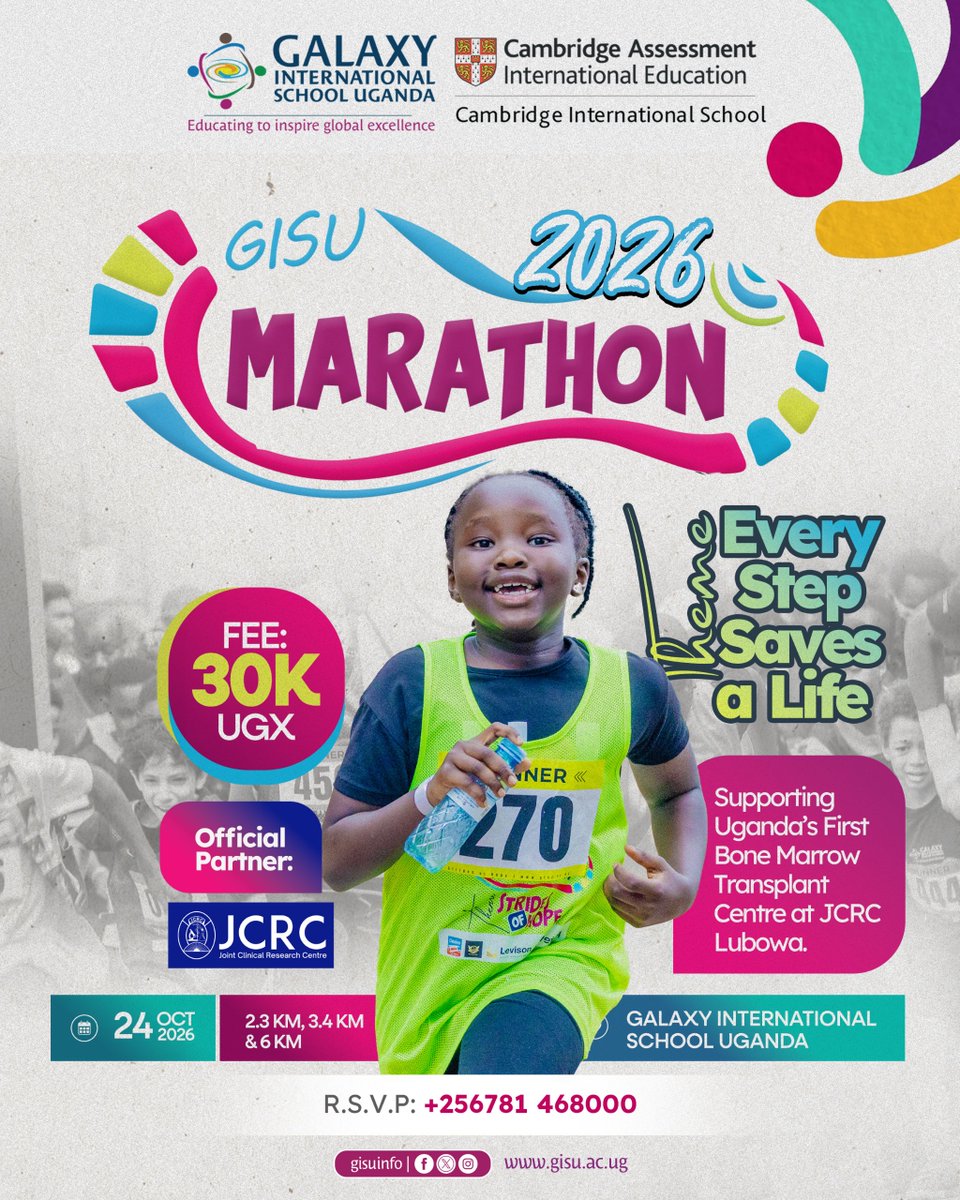 jcrc_official1's tweet photo. We're running for a cause! 🏃🏾‍♀️💙

JCRC is proud to partner with @GISUinfo for the #GISUMarathon2026, raising funds for a Bone Marrow Transplant Unit at JCRC Lubowa. 🏥

📅 24 Oct | 🏅 2.3/3.4/6 KM | 🎟️ UGX 30K
📞 +256 781 468000

#EveryStepSavesALife https://t.co/TcvvI4Jp0p