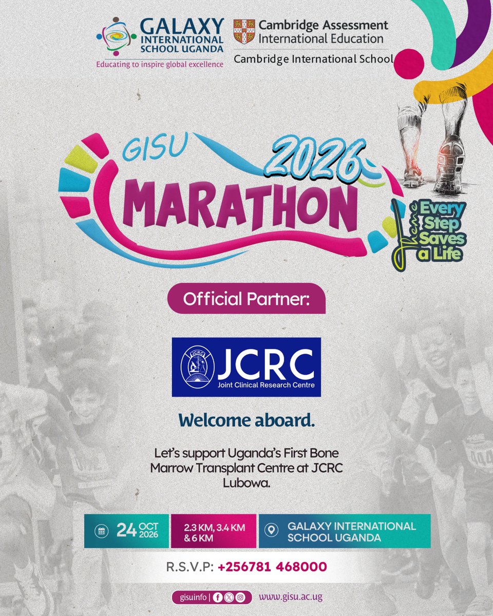 jcrc_official1's tweet photo. We're running for a cause! 🏃🏾‍♀️💙

JCRC is proud to partner with @GISUinfo for the #GISUMarathon2026, raising funds for a Bone Marrow Transplant Unit at JCRC Lubowa. 🏥

📅 24 Oct | 🏅 2.3/3.4/6 KM | 🎟️ UGX 30K
📞 +256 781 468000

#EveryStepSavesALife https://t.co/TcvvI4Jp0p