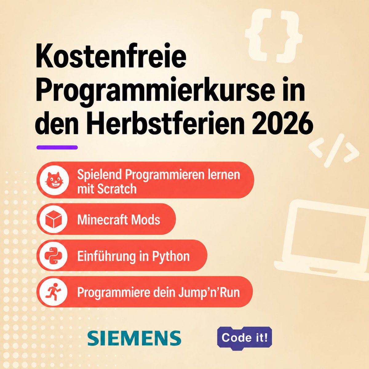 _code_it_'s tweet photo. 🍂 Kostenfreie Programmierkurse für Kinder und Jugendliche in den Herbstferien – ab sofort anmelden.

- Scratch, Minecraft Mods, Python, Godot-Jump'n'Run. Gefördert von Siemens, inkl. Zertifikat zum Abschluss.

Hier anmelden:
https://t.co/7nf96AM3Lo https://t.co/XM7vTaK9O6