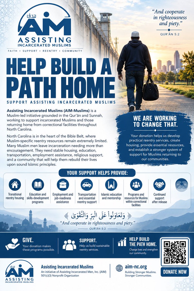 Aimuslimsnc's tweet photo. Help us build sustainable Muslim reentry services in North Carolina—providing housing, education, mentorship, and support for Muslims returning home from incarceration.
Give. Support. Help build a path home.
https://t.co/yBEIg1qaAj
#AIMMuslims #MuslimReentry https://t.co/7QkTyVcJDy