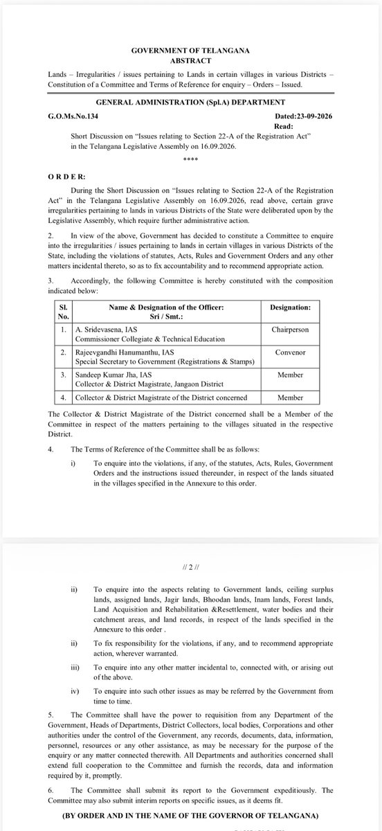Telugu360's tweet photo. BIG: 

TG govt has constituted a committee to probe land-related irregularities of BRS leaders in multiple districts.

Telangana government has formally ordered a land inquiry into issues involving KCR, KTR, Harish Rao, Gangula Kamalakar, Palla Rajeshwar Reddy, Rohith Reddy, Jagadishwar Reddy and others.

From Erravelli and Janwada to Aziznagar, Shankara Hills and Mid Manair, the panel can call for records, fix accountability and recommend action.

And the G.O. leaves room to add more villages and issues.