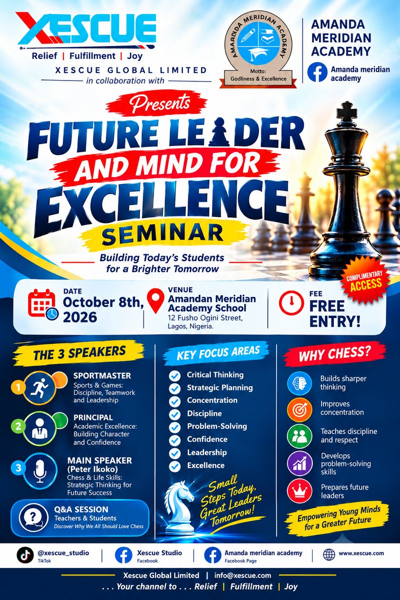 xescue_studio's tweet photo. ♟️ GREAT MINDS THINK AHEAD! 🚀

Xescue presents Future Leader &amp; Minds for Excellence .empowering students through sports

Learn. Think. Plan. Lead. Excel.

📍 Amandan Meridian Academy
📅 8 October 2026

#Xescue #AmandanMeridianAcademy #FutureLeaders #Chess #Leadership #sport https://t.co/pc72CeiFN0