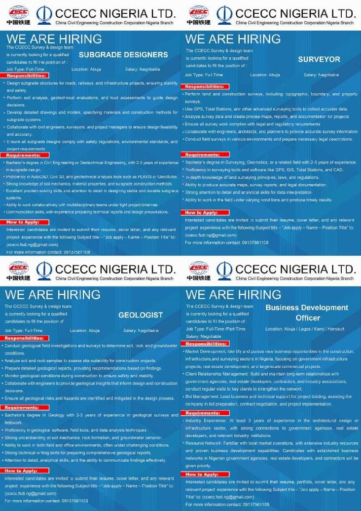 JohnCCECC's tweet photo. CCECC Nigeria's Survey &amp; Design Team is hiring in Abuja. 
🌍 Build projects connecting the world and start your career with a clear growth path from here. https://t.co/qesM4LpNfx