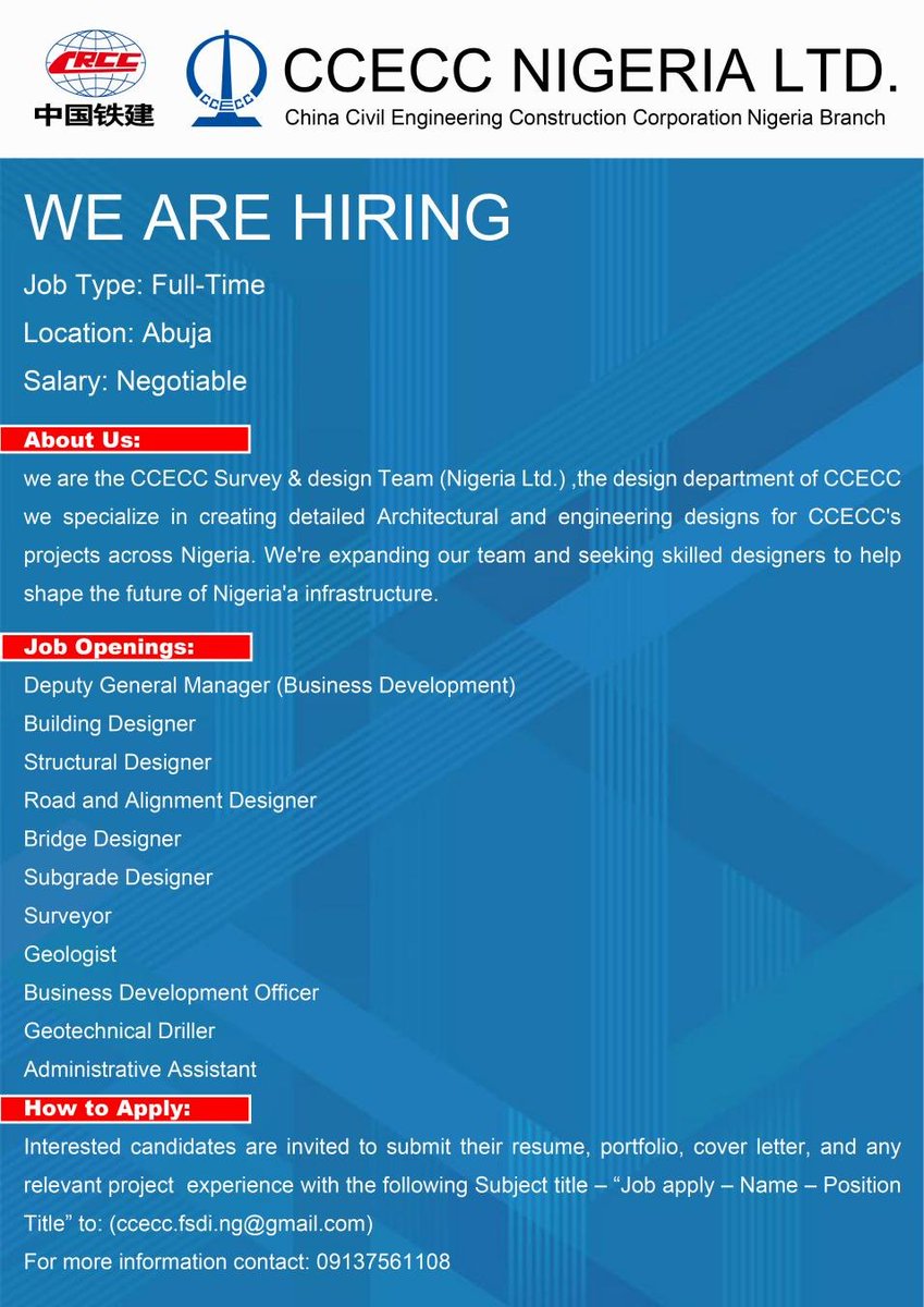 JohnCCECC's tweet photo. CCECC Nigeria's Survey &amp; Design Team is hiring in Abuja. 
🌍 Build projects connecting the world and start your career with a clear growth path from here. https://t.co/qesM4LpNfx