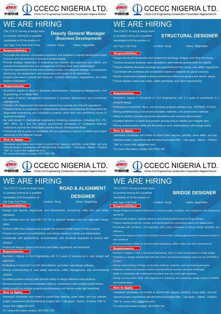 JohnCCECC's tweet photo. CCECC Nigeria's Survey &amp; Design Team is hiring in Abuja. 
🌍 Build projects connecting the world and start your career with a clear growth path from here. https://t.co/qesM4LpNfx