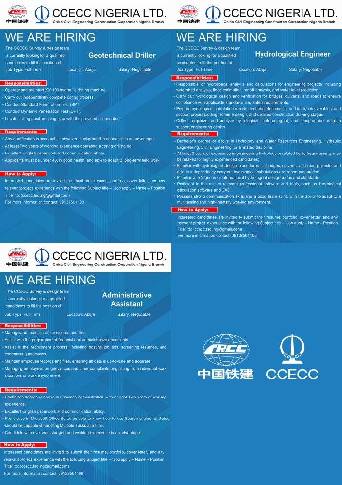 JohnCCECC's tweet photo. CCECC Nigeria's Survey &amp; Design Team is hiring in Abuja. 
🌍 Build projects connecting the world and start your career with a clear growth path from here. https://t.co/qesM4LpNfx