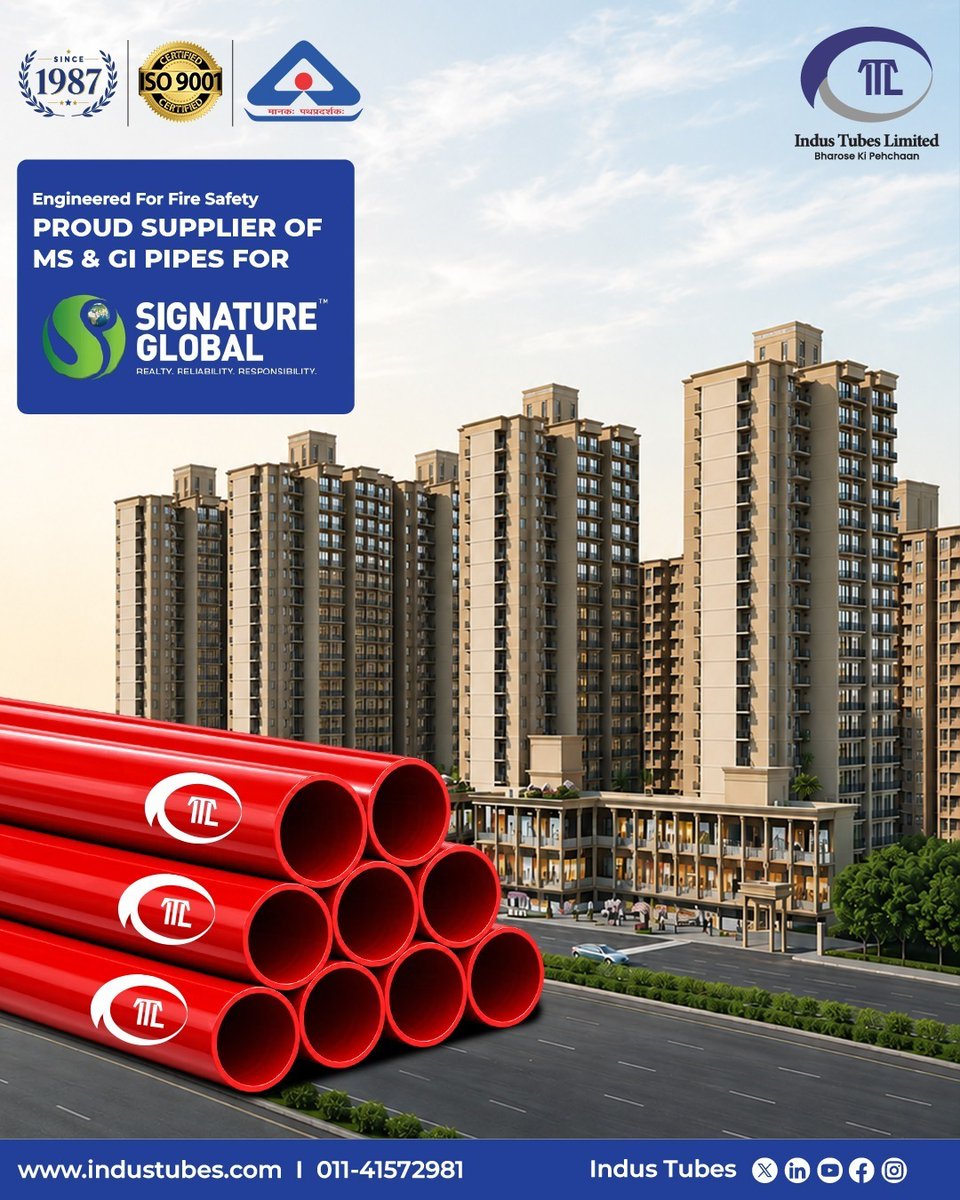 industubesltd's tweet photo. Built to protect what matters.

Proud to supply MS &amp; GI firefighting pipes to Signature Global, supporting the fire-safety infrastructure behind their developments.

#IndusTubes #SignatureGlobal #FireSafety #FireFightingPipes #MSPipes #GIPipes https://t.co/vI2xxcFkNf