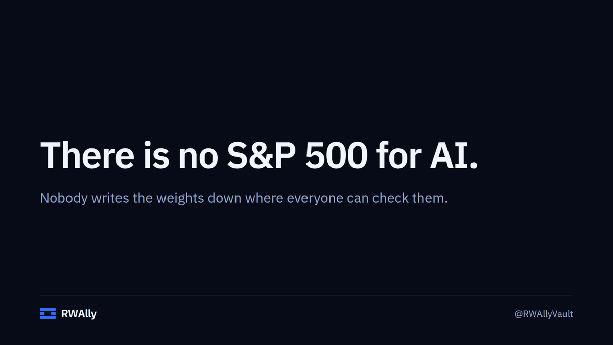 RWAllyVault's tweet photo. The S&amp;P 500 works because someone writes the weights down and everyone can check them.

There is no such list for AI.

The first vault is deployed on Arc: https://t.co/JQoJlRemp3 https://t.co/58DfeMilnt