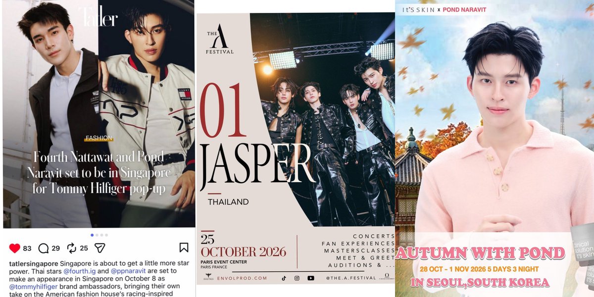 naranest08's tweet photo. Pond Traveling In October 2026 Schedule

08 OCT
🇸🇬 Pond — Tommy Hilfiger × Cadillac F1
Singapore

25 OCT
🇫🇷 Pond — PARIS (JASPER)

28 OCT – 01 NOV
🇰🇷 Pond — ITS SKIN × Pond Naravit
“Autumn with Pond in Seoul”

✈️🇸🇬🇫🇷🇰🇷 So many countries and events back-to-back!

#ppnaravit https://t.co/omzcBS7eBK