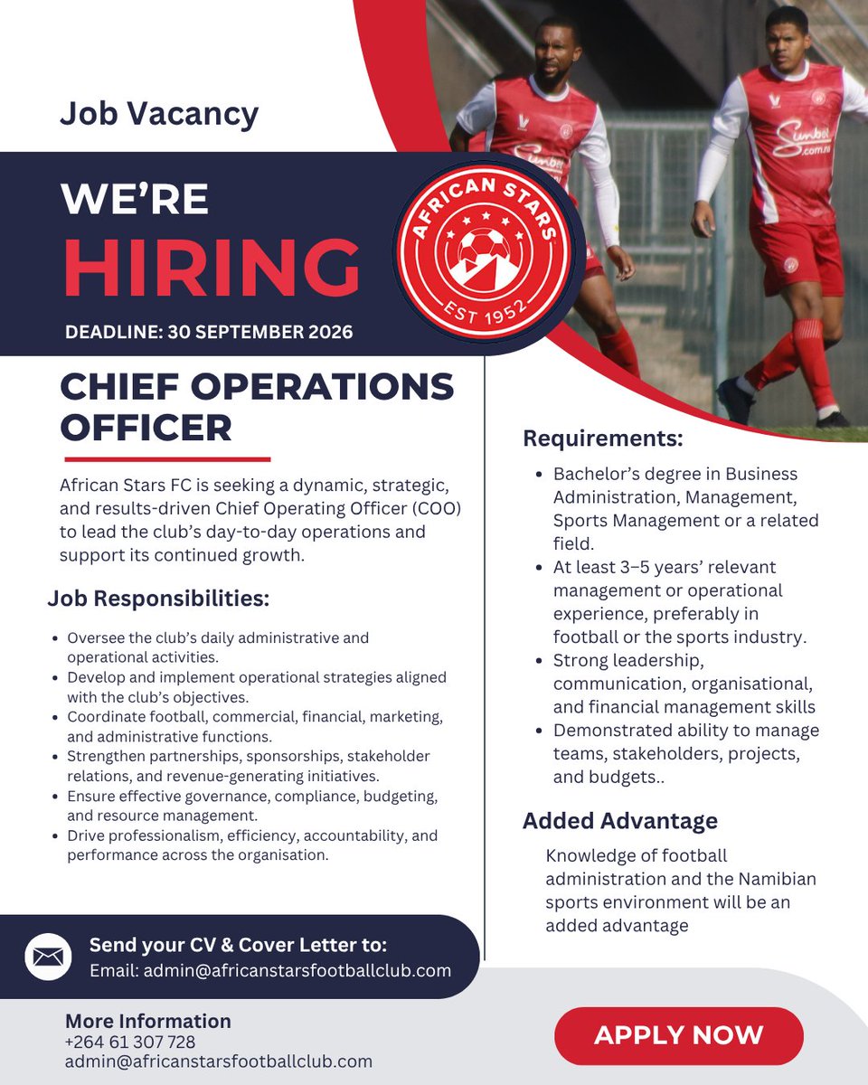 african_StarsFC's tweet photo. AFRICAN STARS IS HIRING.

We are looking for an experienced and driven Chief Operating Officer (COO) to join African Stars Football Club and help lead the club’s continued growth on and off the pitch.

Applications are now open. https://t.co/voeAMarbwn