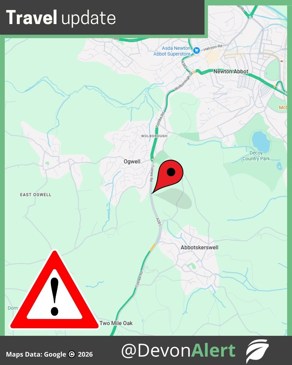 DevonAlert's tweet photo. #Devon 06:54 24/09/26 A381 Ogwell - This road is currently closed due to a tractor fire yesterday evening. Temporary traffic lights will be installed shortly so the road can reopen with a lane closure. JC @BBCDevon @StagecoachSW https://t.co/HFXdzkPwO3