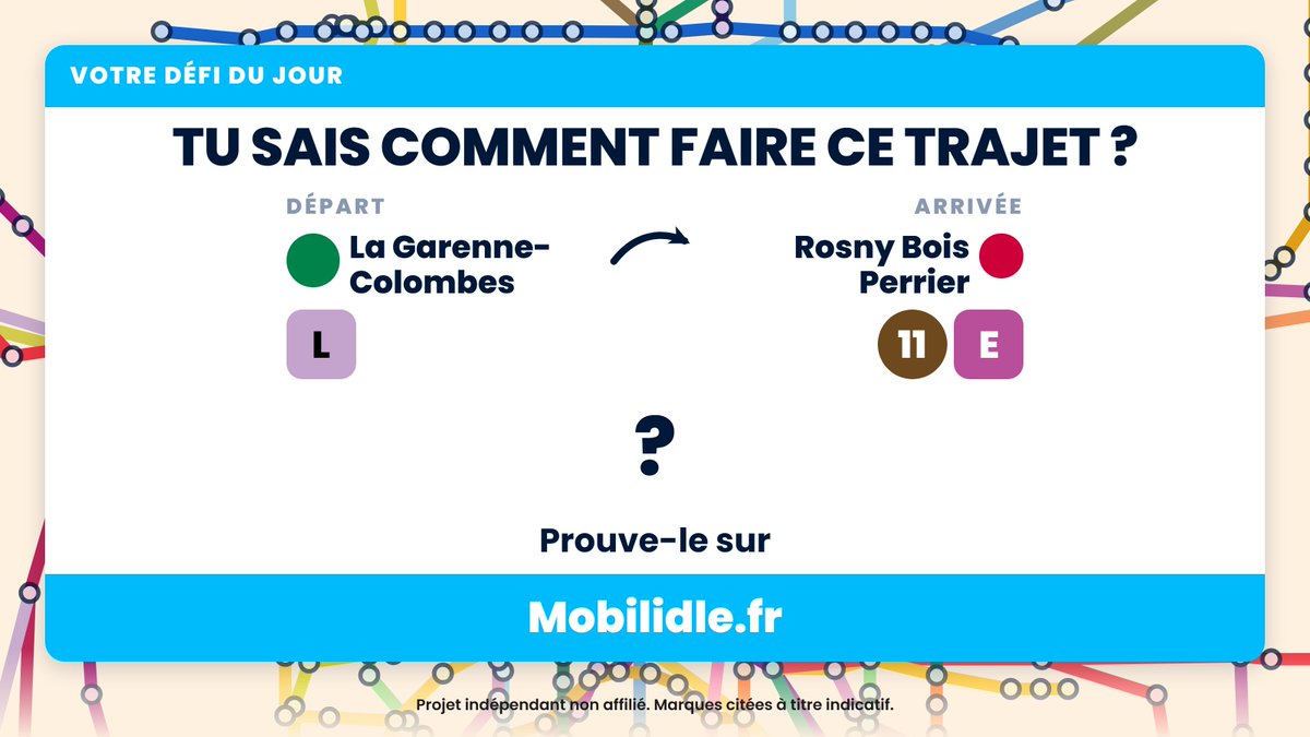 mobilidle's tweet photo. Le défi du 24 septembre 2026 : La Garenne-Colombes → Rosny Bois Perrier.

Le meilleur trajet, pas le premier qui marche. Lien en bio.

#Mobilidle #IleDeFrance #Transports #Metro #RER #Transilien https://t.co/nfIEi4VZOn