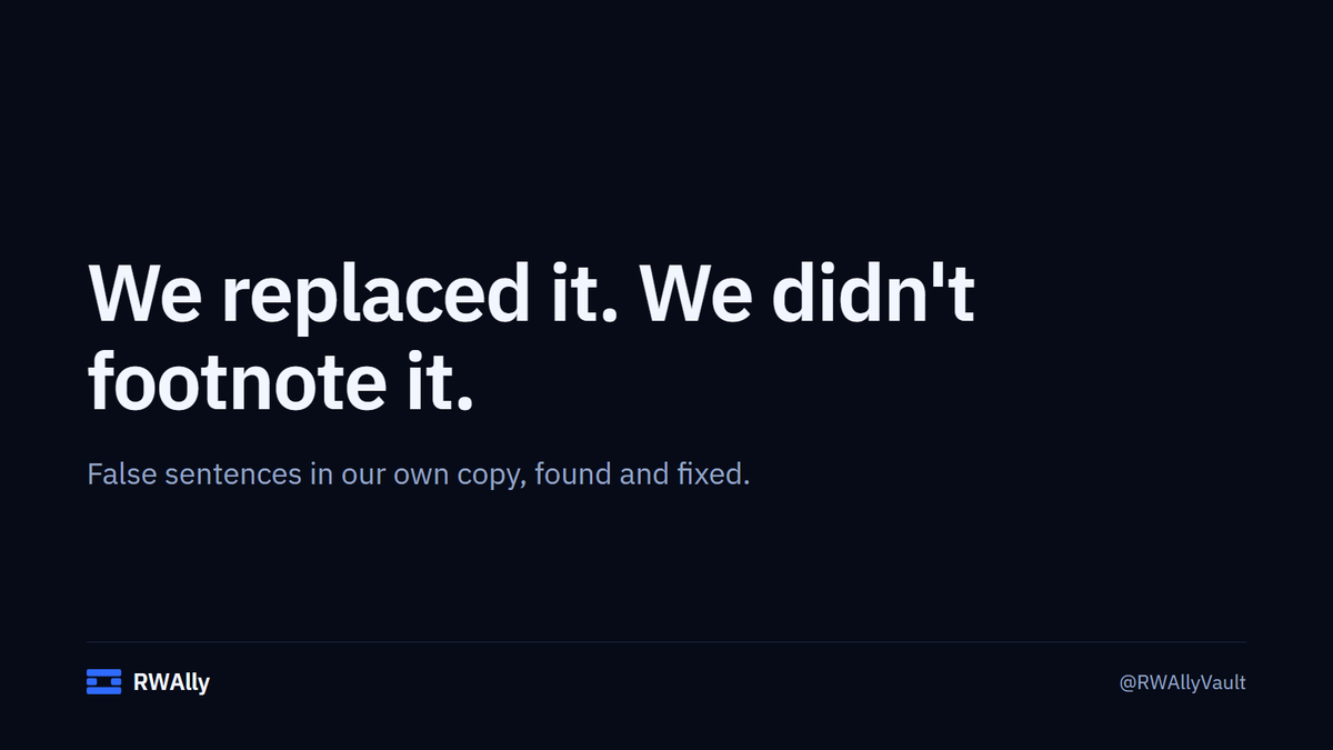 RWAllyVault's tweet photo. We spent a day finding false sentences in our own copy.

One said an exit could never be queued. The contract queues it — there's a function that does exactly that, and we'd written the opposite.

We replaced it. We didn't footnote it.

The risks: https://t.co/HO7213aVO4 https://t.co/DBG03iBmwc