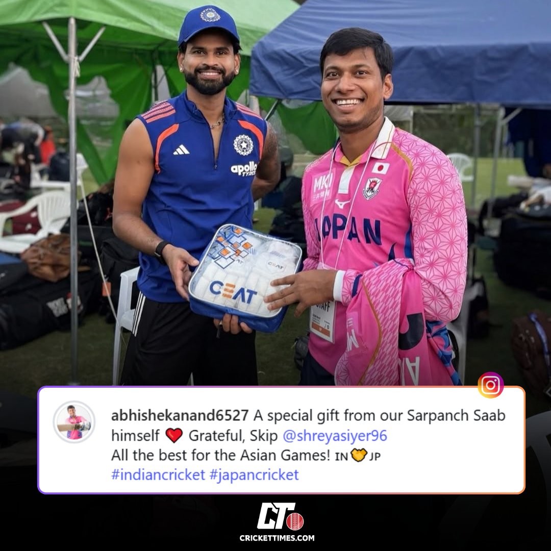 CricketTimesHQ's tweet photo. A wholesome moment as Shreyas Iyer gifts his batting gloves  to a Japanese player 🙌✨

#ShreyasIyer #JAPvIND https://t.co/2qsijRBvvd