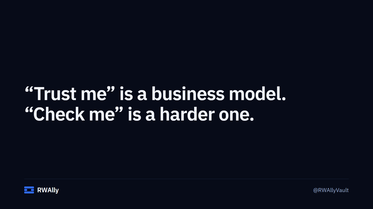 RWAllyVault's tweet photo. "Trust me" is a business model.

"Check me" is a harder one, and it's the only one that survives being wrong in public.

The first vault is deployed on Arc: https://t.co/JQoJlRemp3 https://t.co/1Tc8Q5cJke