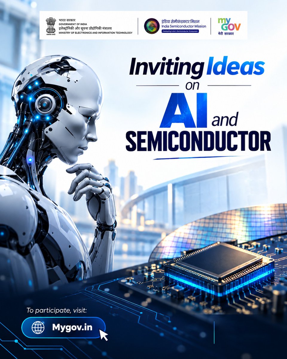 SemiconIndia's tweet photo. ⚡Inviting Ideas on #AI and #Semiconductors ⚡

Artificial Intelligence and Semiconductors are shaping the technological development landscape. As AI continue to expand, new possibilities are emerging across areas such as chip design, computing, manufacturing and advanced technologies.

To share your ideas and perspectives on the evolving landscape of AI and Semiconductors 👇

🔗 https://t.co/uriEDjBMiZ

#SEMICONIndia2026 #SEMICONIndia #ViksitBharat #AtmanirbharBharat