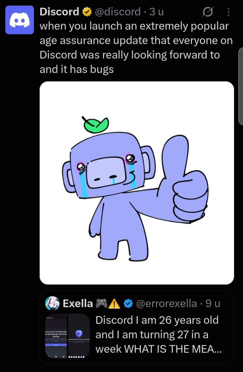 The_BrokenRobot's tweet photo. Seeing Discord doing the haha funny xD so relatable quirky bullshit while fucking over their users by trying to shove age verification in their throats AGAIN makes so exhausted... https://t.co/lR4hbm2KgK