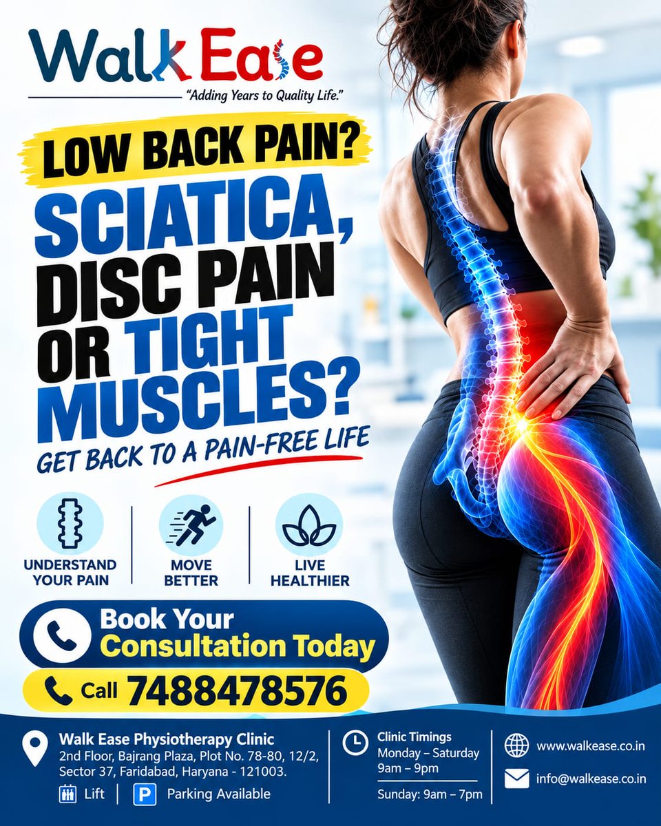 WalkEaseIndia's tweet photo. 📞 Booking: 7488478576

📍 Walk Ease Physiotherapy Clinic
2nd Floor, Bajrang Plaza, Plot No. 78–80, 12/2, Sector 37, Faridabad, Haryana – 121003
🛗 Lift | 🅿️ Parking Available

🕘 Mon–Sat: 9 AM – 9 PM
🕘 Sunday: 9 AM – 7 PM

🌐 https://t.co/tVgMoVRARg
📧 info@walkease.co.in https://t.co/gjr0AUJUv5