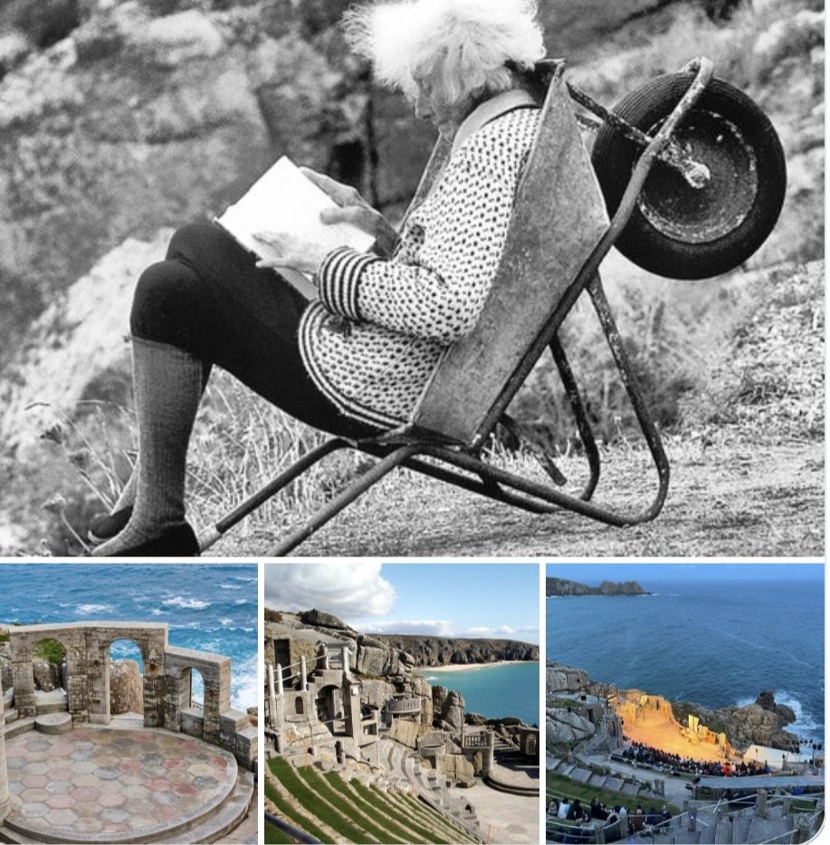 womensart1's tweet photo. During the early 20thc, artist Rowena Cade (1893–1983) started to create the open air Minack Theatre, Porthcurno, on the Cornish cliffs, UK, with the help of her gardener Billy and only hand tools. She continued to build into her last years #WomensArt https://t.co/RL1xtf5Way