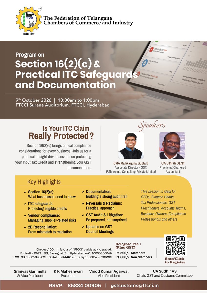 FTCCI's tweet photo. The @FTCCI is organizing a Programme on Section 16(2)(c) &amp; Practical ITC Safeguards and Documentation, focusing on key aspects of Input Tax Credit (ITC) compliance and documentation.

Register: https://t.co/N2TpFzcbS5

#GST #ITC #InputTaxCredit #TaxCompliance #GSTDocumentation https://t.co/0NRL7BE2U6