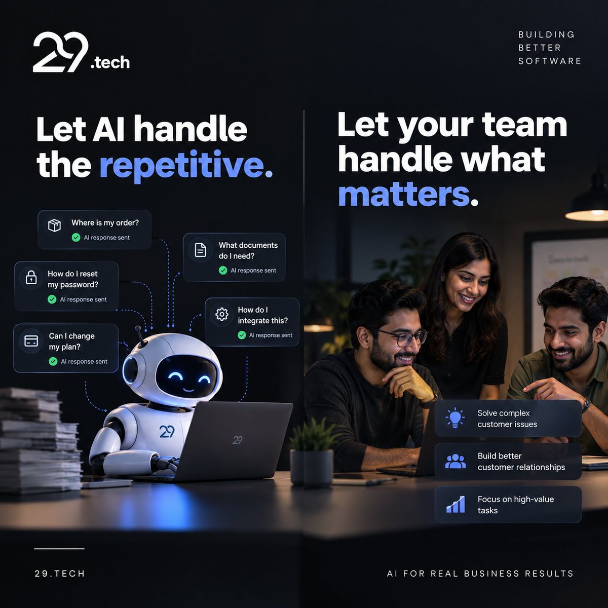 29dot_tech's tweet photo. Your support team shouldn't answer the same question every day.

AI can handle repetitive questions, find answers from your knowledge base, and escalate the conversations that need a human.

At https://t.co/IKZfYb9iqt, we make support systems smarter.

#29Tech #AI #AIAutomation https://t.co/HzFR781Qyv