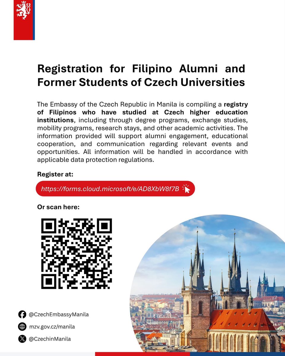 CzechinManila's tweet photo. 𝗔𝗿𝗲 𝘆𝗼𝘂 𝗮 𝗙𝗶𝗹𝗶𝗽𝗶𝗻𝗼 𝗮𝗹𝘂𝗺𝗻𝘂𝘀 𝗼𝗿 𝗳𝗼𝗿𝗺𝗲𝗿 𝘀𝘁𝘂𝗱𝗲𝗻𝘁 𝗼𝗳 𝗮 𝗖𝘇𝗲𝗰𝗵 𝘂𝗻𝗶𝘃𝗲𝗿𝘀𝗶𝘁𝘆? 🇨🇿🎓
Register with us and become part of our Czech–Philippine alumni network!
👉 https://t.co/HZI9bQx3KY
#StudyInCzechia https://t.co/Hx7u2TmFru