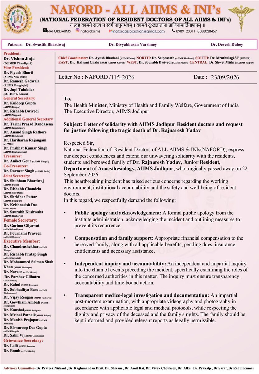 NAFORDAIIMS's tweet photo. NAFORD stands with AIIMS Jodhpur.

We express our deepest condolences and unwavering solidarity after the tragic passing of  
Dr. Rajnaresh Yadav  
Junior Resident, Department of Anaesthesiology, AIIMS Jodhpur  
on 22 September 2026.

This loss raises serious questions about working conditions, institutional accountability, and the safety of resident doctors.

We demand:
• Public apology and acknowledgement  
• Compensation and family support  
• Independent, time-bound inquiry  
• Transparent medico-legal investigation  

Justice. Accountability. Meaningful reform.

#JusticeForDrRajnareshYadav #NAFORD #ResidentDoctors #AIIMSJodhpur