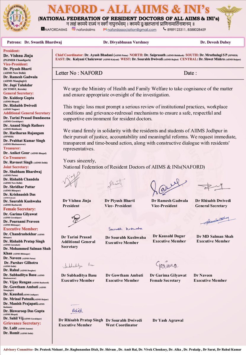 NAFORDAIIMS's tweet photo. NAFORD stands with AIIMS Jodhpur.

We express our deepest condolences and unwavering solidarity after the tragic passing of  
Dr. Rajnaresh Yadav  
Junior Resident, Department of Anaesthesiology, AIIMS Jodhpur  
on 22 September 2026.

This loss raises serious questions about working conditions, institutional accountability, and the safety of resident doctors.

We demand:
• Public apology and acknowledgement  
• Compensation and family support  
• Independent, time-bound inquiry  
• Transparent medico-legal investigation  

Justice. Accountability. Meaningful reform.

#JusticeForDrRajnareshYadav #NAFORD #ResidentDoctors #AIIMSJodhpur