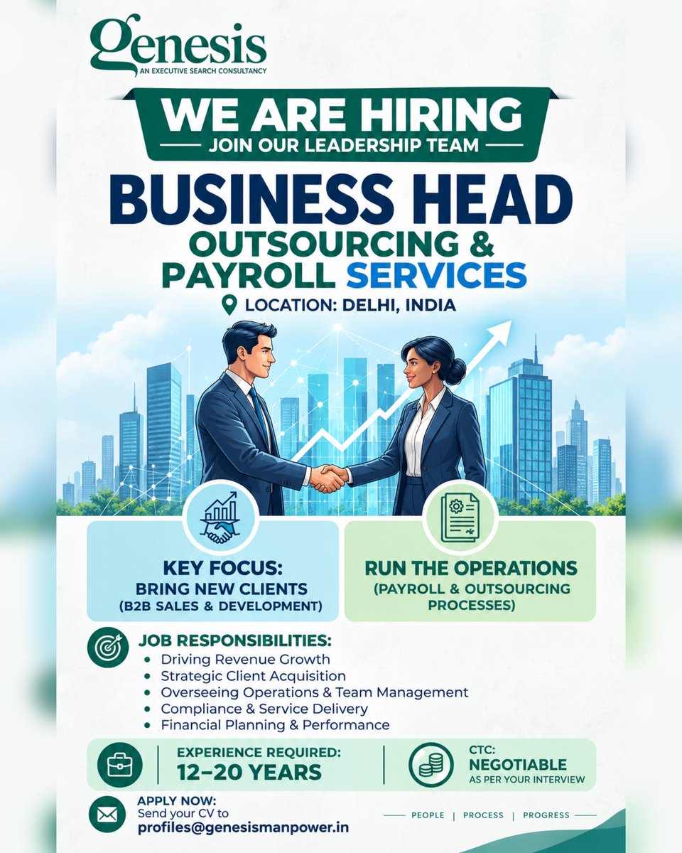 ggmspl's tweet photo. 🚀 We’re Hiring | Business Head – Outsourcing &amp; Payroll Services

🔹 Experience: 12–20 years
🔹 CTC: Negotiable as per interview
🔹 Drive B2B sales &amp; strategic client acquisition
🔹 Lead operations, teams &amp; service delivery https://t.co/jccXrBcspo