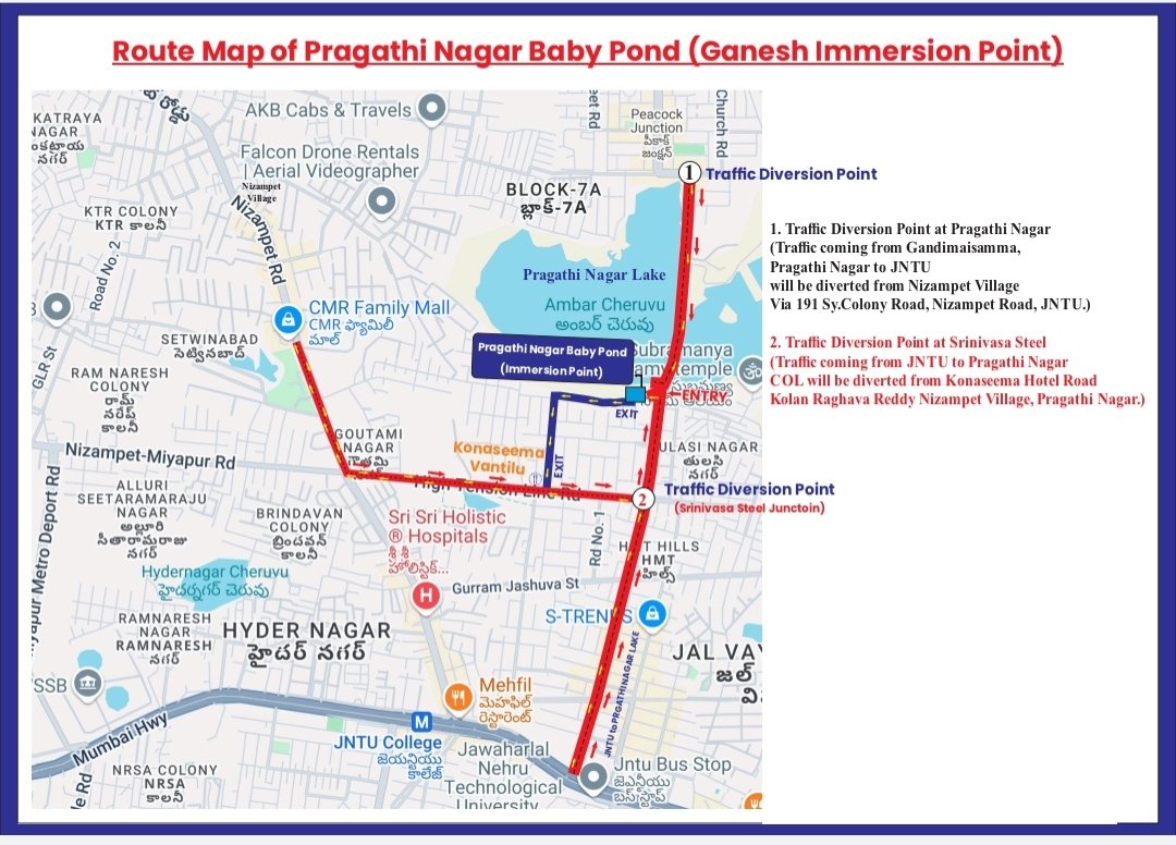 CYBTRAFFIC's tweet photo. *Traffic Diversions in view of Ganesh Immersions*

Route Maps of IDL lake- KukatpallyTrPS, Pragathi Nagar Lake - KPHBTrPS, Malkamchervu Lake - Raidurgam TrPS, Suraram Lake - Jeedimetla TrPS https://t.co/NNNaX8l47u