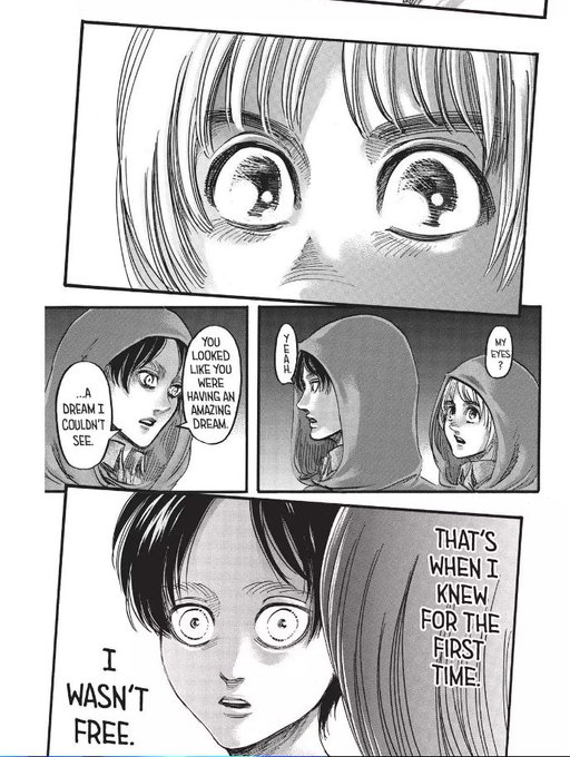 smurxfps's tweet photo. @Eddardstark2nd @MrCrowbarBlunt Yes, Eren has always been someone who fights against anything that denies him freedom, that’s what he tells Zeke. But Armin’s book gives that drive a concrete ideal. Eren sees the look in Armin’s eyes and realizes he isn’t free. From then on, he wants to experience that same “loo https://t.co/LpcZYeZ1TK