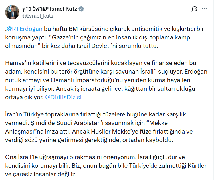RojavaGundem6's tweet photo. 📍İsrail Savunma Bakanı birkez daha Erdoğan'ı hedef aldı

- Erdoğan bu hafta BM kürsüsüne çıkarak antisemitik ve kışkırtıcı bir konuşma yaptı

- Biz, onun bugün bile Türkiye’de zulmettiği Kürtler ve çaresiz insanlar değiliz. https://t.co/m74PoWh8gG