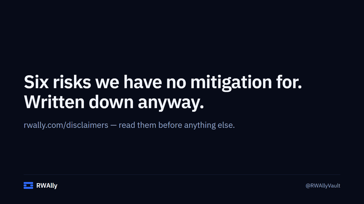 RWAllyVault's tweet photo. Every risk we know about is written down in plain language, including the six we have no mitigation for. Spot crypto falls, and nobody makes anyone whole.

Read them first: https://t.co/HO7213aVO4
Then see the vault as it stands on-chain: https://t.co/JQoJlRemp3 https://t.co/f5OJRIqlmJ