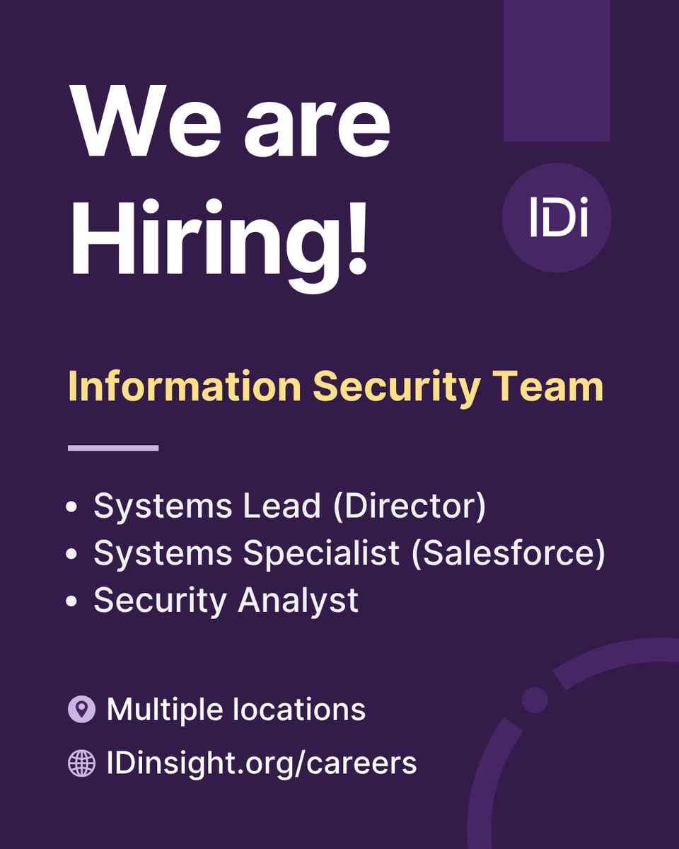 IDinsight's tweet photo. 📢 We're hiring on our Information Security and Systems team!

🔐 In these roles, you'll help build and maintain the systems and infrastructure that let our teams collaborate, work securely, and deliver impact around the world.

👀 Check out the JDs in the thread 🧵⤵️ https://t.co/xLSqommAuF