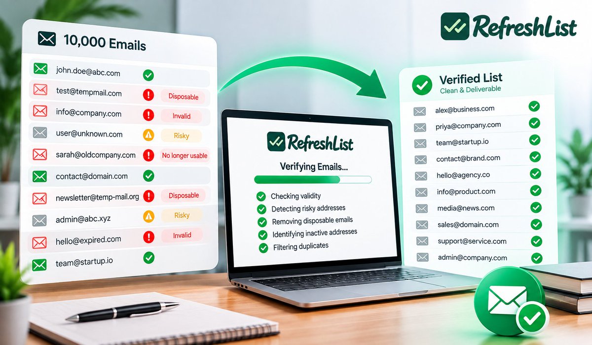 Refresh_list's tweet photo. 10,000 Emails Doesn't Mean 10,000 Deliverable Contacts.

Your list may contain addresses that are:

Invalid
Risky
Disposable
No longer usable

That's why email verification should be part of your pre send checklist.
#EmailVerification #EmailDeliverability #ColdEmail #EmailMarketing #RefreshList