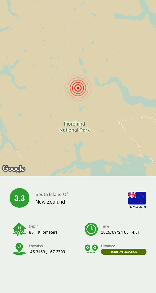 ZAMYAD_APP's tweet photo. South Island Of New Zealand
Magnitude: 3.3
Depth: 85.1 Kilometers
Location: -45.3163 , 167.3709
Time: 2026/09/24 04:44:51 (GMT)

Zamyad Earthquake Tracker
Free Download:
https://t.co/RJ4yLcH9Ej

#Earthquake #New_Zealand #Earthquake_Tracker #zamyad https://t.co/tPXqJyjz6c