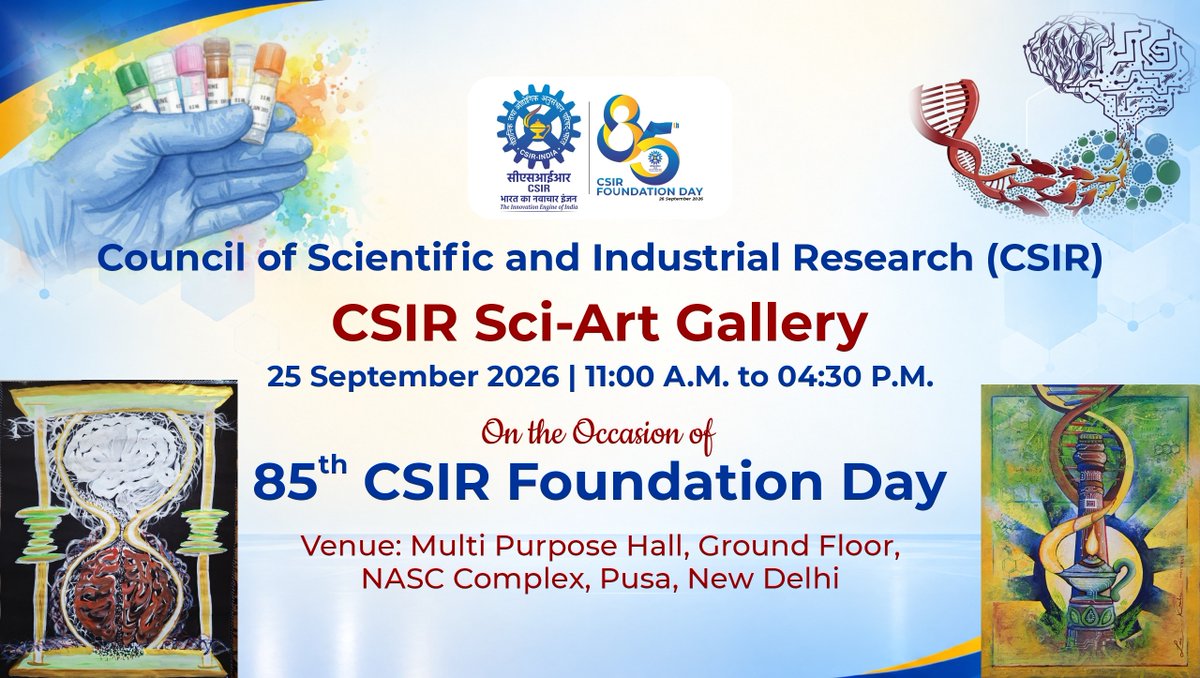 CSIR_IND's tweet photo. What happens when a scientist looks at science through the eyes of an artist?
The CSIR Sci-Art Gallery brings science and creativity together in an engaging visual experience—revealing the beauty, curiosity and imagination that lie at the heart of scientific exploration.
Come, see science differently.