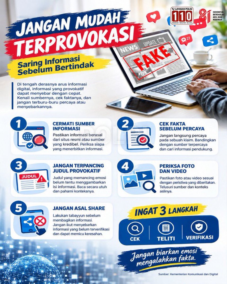 Res1Tulungagung's tweet photo. Informasi yang belum terverifikasi dapat dengan mudah memicu kesalahpahaman dan keresahan. Karena itu, jangan terburu-buru percaya atau ikut menyebarkan informasi yang memancing emosi. Mari Bersama #BijakSampaikanAspirasi dan Polri Siap Humanis Mengawal Pendapat Masyarakat https://t.co/elygzhRPG8