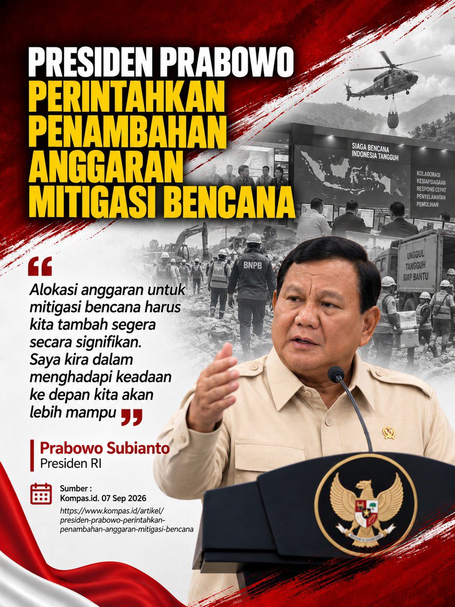 MSantiaav74's tweet photo. Presiden mengungkapkan Alokasi anggaran untuk mitigasi bencana harus di tambah segera secara signifikan #SeptemberPulih
Indonesia Damai https://t.co/erQ90oktgl